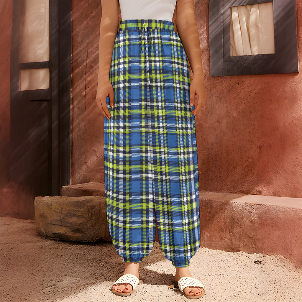 Blue Green And White Plaid Pattern Print Harem Pants