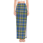 Blue Green And White Plaid Pattern Print High Slit Maxi Skirt