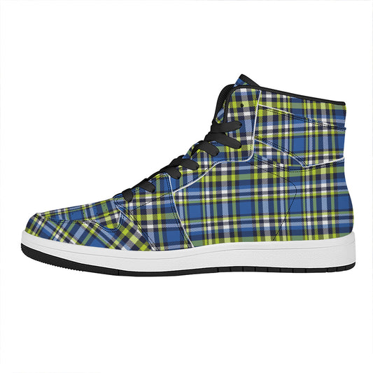 Blue Green And White Plaid Pattern Print High Top Leather Sneakers