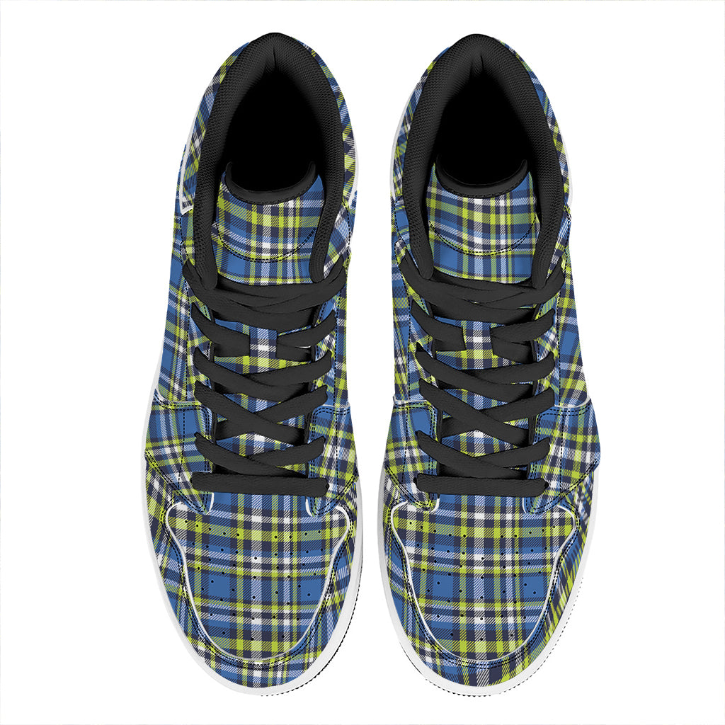 Blue Green And White Plaid Pattern Print High Top Leather Sneakers