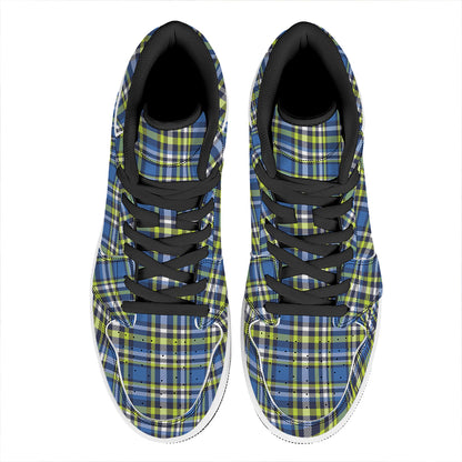 Blue Green And White Plaid Pattern Print High Top Leather Sneakers