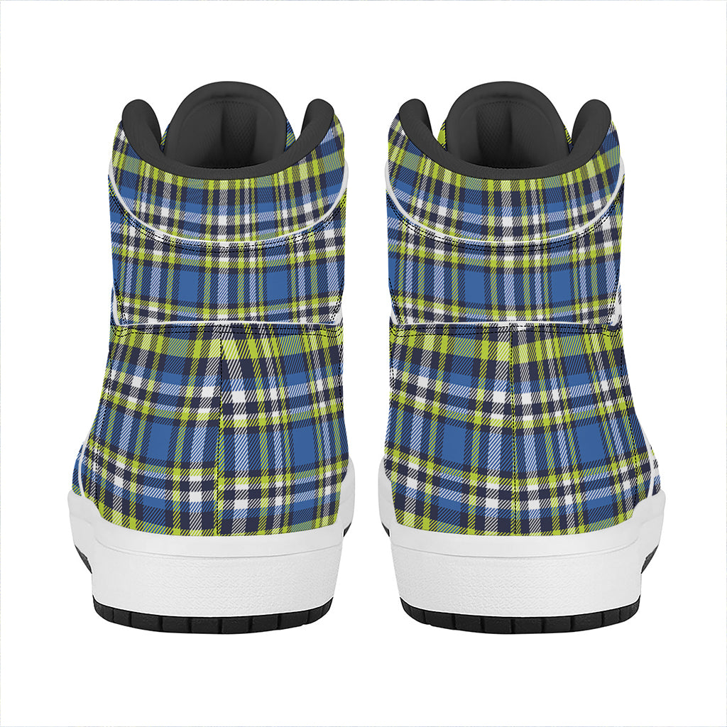 Blue Green And White Plaid Pattern Print High Top Leather Sneakers