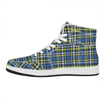 Blue Green And White Plaid Pattern Print High Top Leather Sneakers