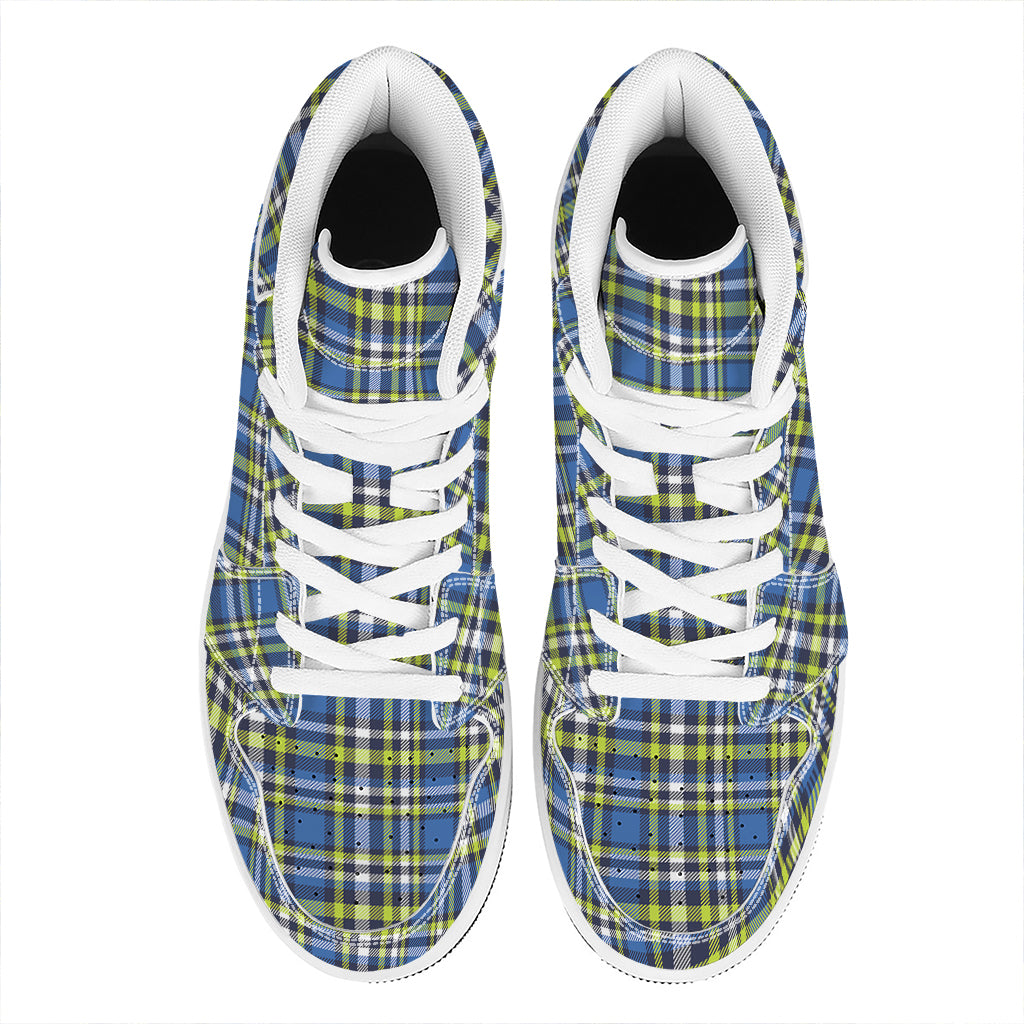Blue Green And White Plaid Pattern Print High Top Leather Sneakers