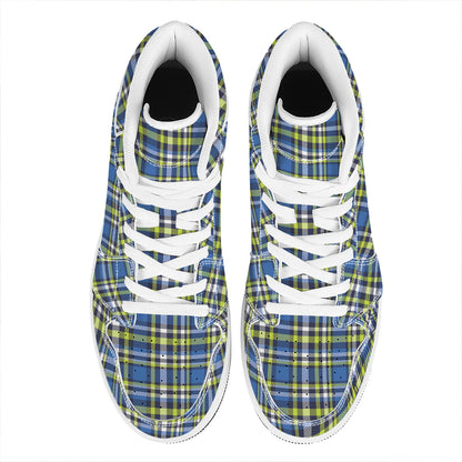 Blue Green And White Plaid Pattern Print High Top Leather Sneakers