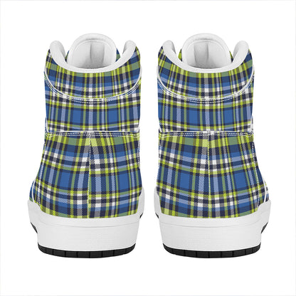 Blue Green And White Plaid Pattern Print High Top Leather Sneakers