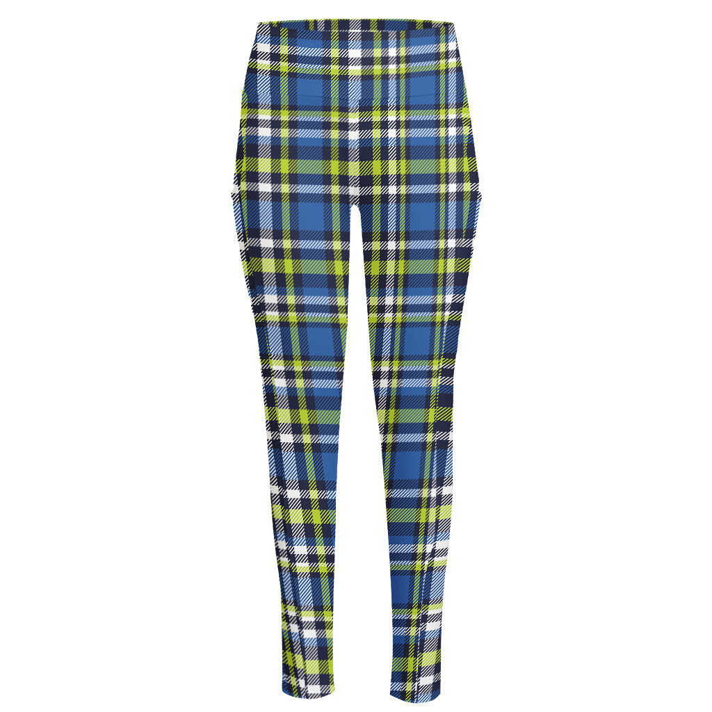 Blue Green And White Plaid Pattern Print High-Waisted Pocket Leggings