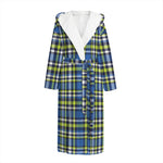Blue Green And White Plaid Pattern Print Hooded Bathrobe