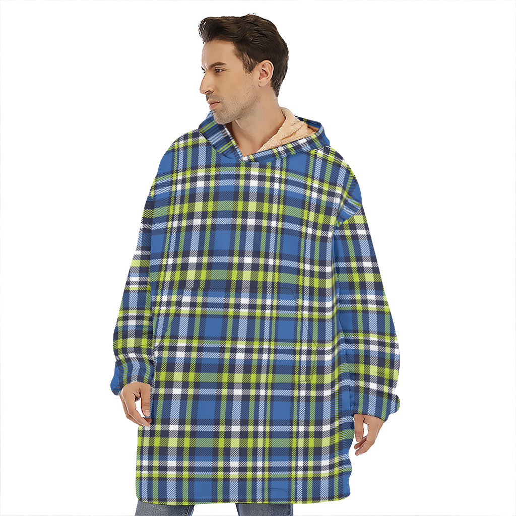 Blue Green And White Plaid Pattern Print Hoodie Blanket