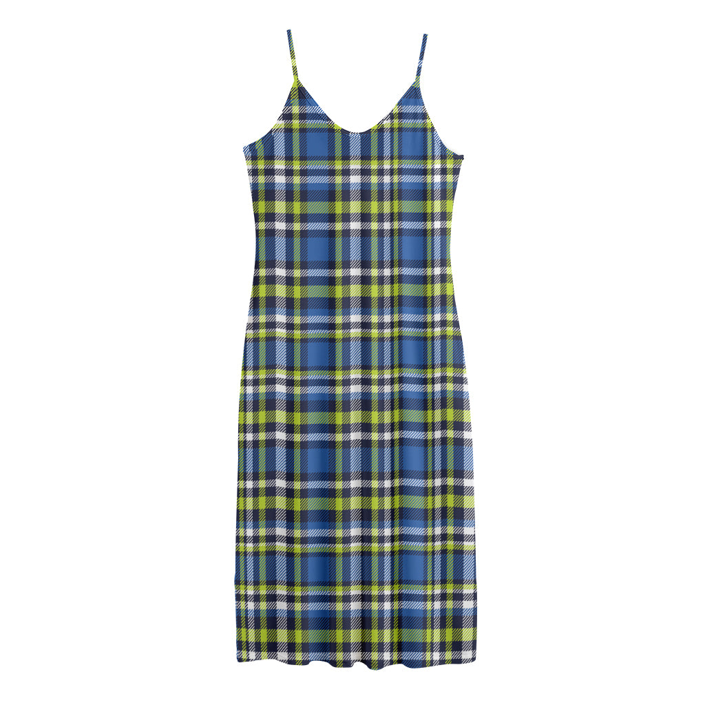 Blue Green And White Plaid Pattern Print Jersey Midi Cami Dress