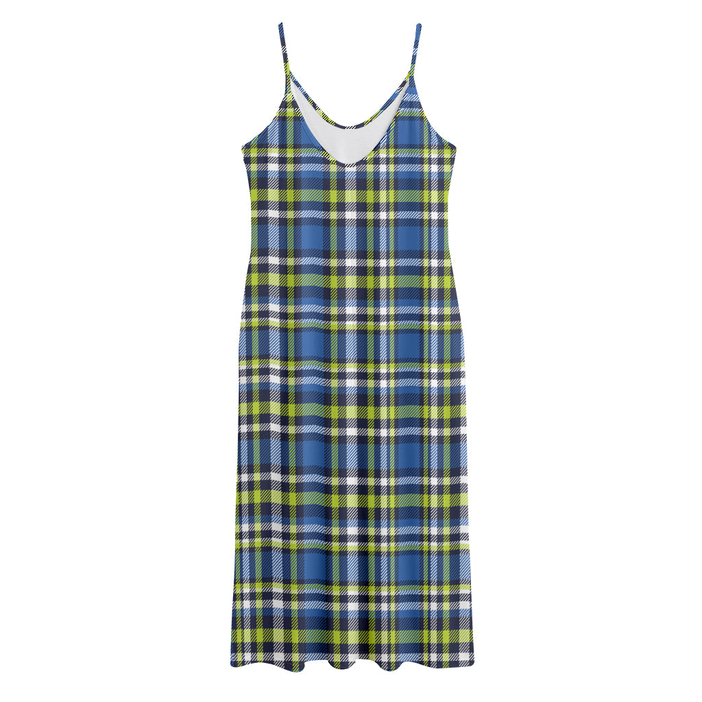 Blue Green And White Plaid Pattern Print Jersey Midi Cami Dress