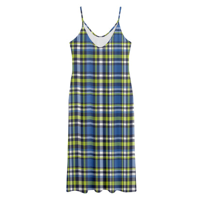 Blue Green And White Plaid Pattern Print Jersey Midi Cami Dress