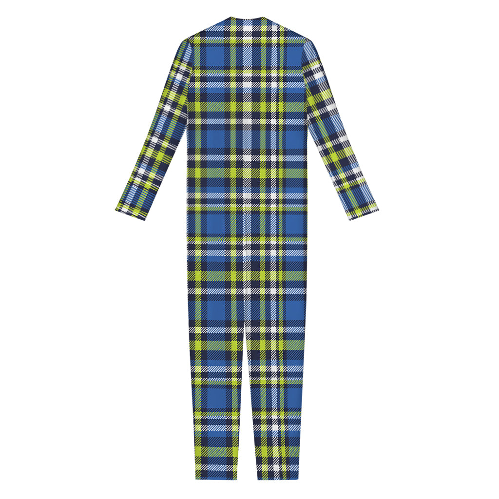 Blue Green And White Plaid Pattern Print Jumpsuit