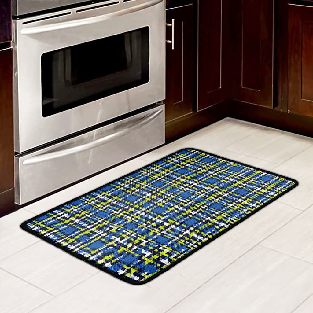 Blue Green And White Plaid Pattern Print Kitchen Mat