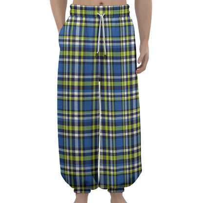 Blue Green And White Plaid Pattern Print Lantern Pants