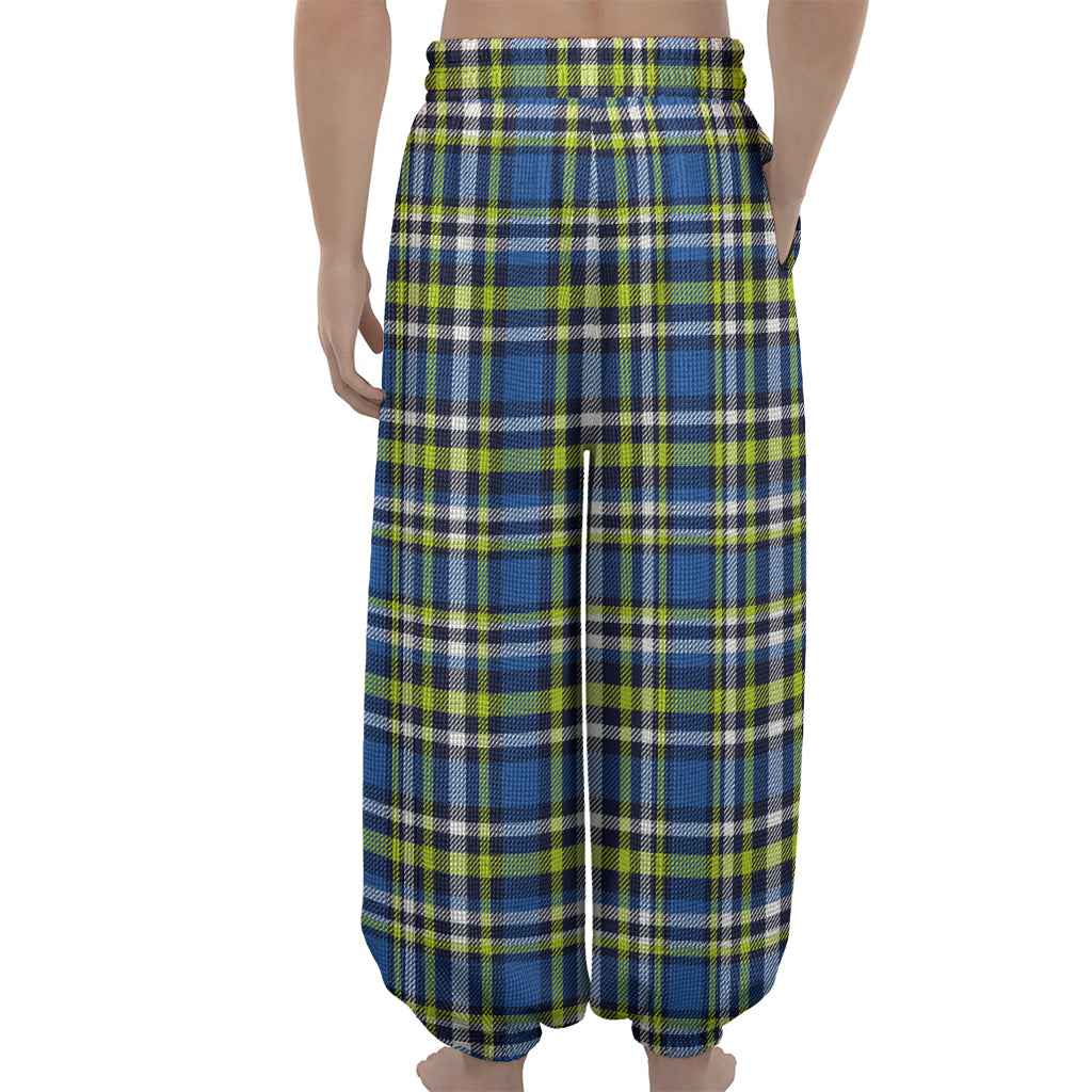 Blue Green And White Plaid Pattern Print Lantern Pants