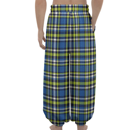 Blue Green And White Plaid Pattern Print Lantern Pants