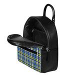 Blue Green And White Plaid Pattern Print Leather Backpack