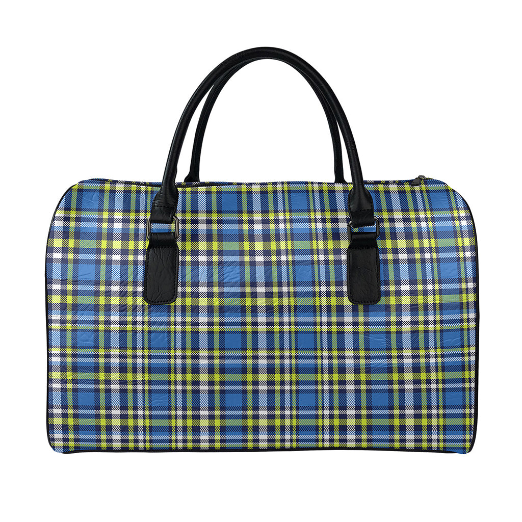 Blue Green And White Plaid Pattern Print Leather Duffle Bag