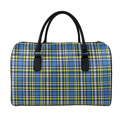 Blue Green And White Plaid Pattern Print Leather Duffle Bag