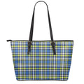 Blue Green And White Plaid Pattern Print Leather Tote Bag With Zipper