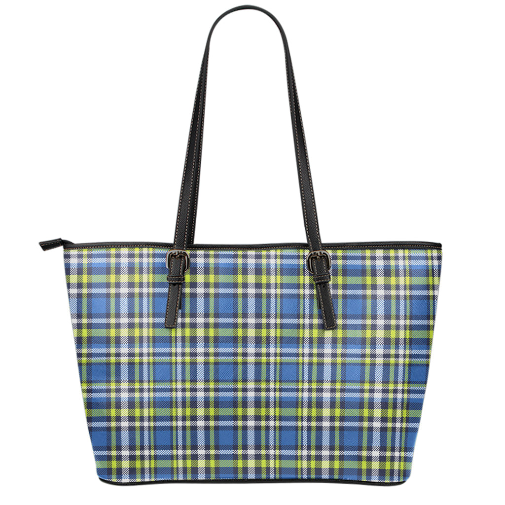 Blue Green And White Plaid Pattern Print Leather Tote Bag