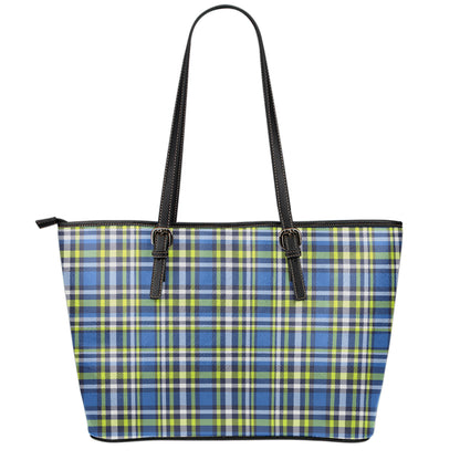 Blue Green And White Plaid Pattern Print Leather Tote Bag