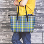 Blue Green And White Plaid Pattern Print Leather Tote Bag