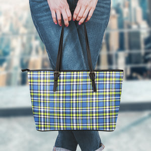 Blue Green And White Plaid Pattern Print Leather Tote Bag