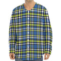 Blue Green And White Plaid Pattern Print Long Sleeve Baseball Jersey