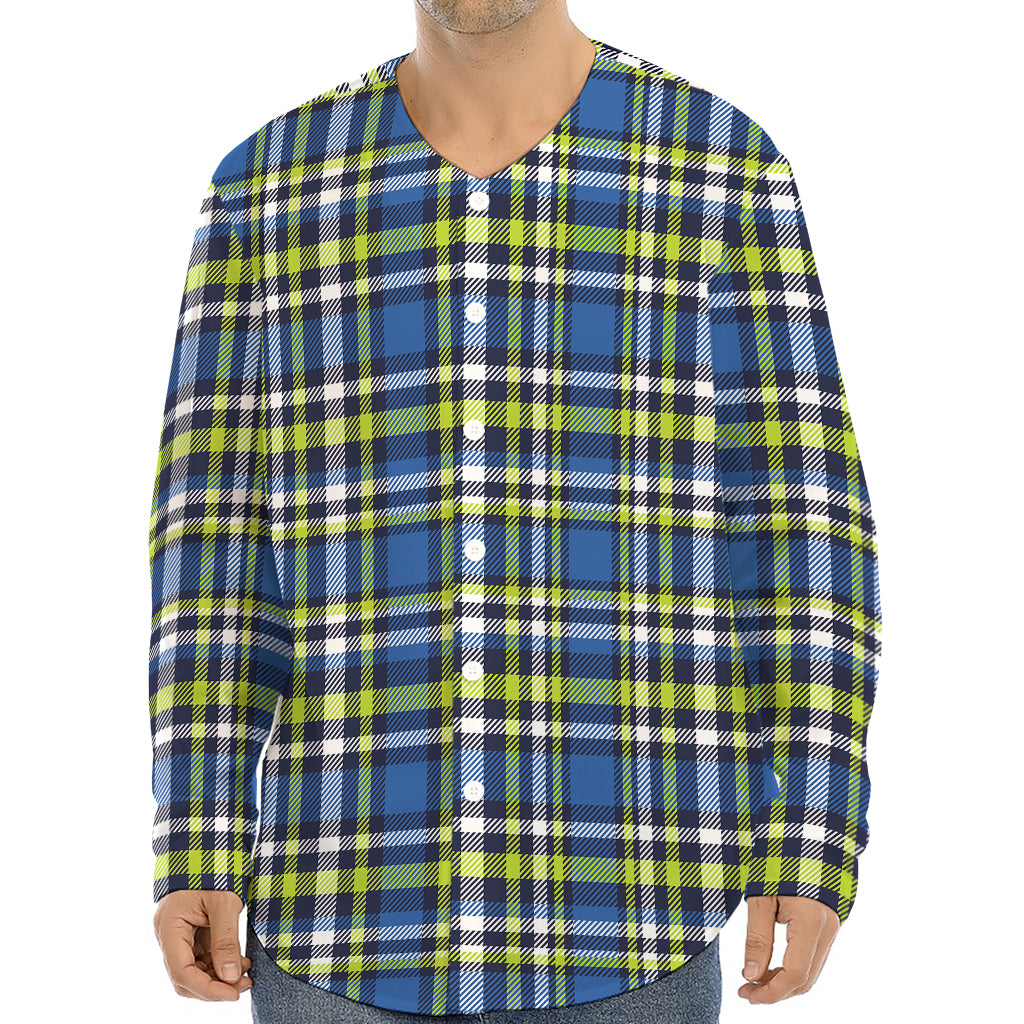 Blue Green And White Plaid Pattern Print Long Sleeve Baseball Jersey