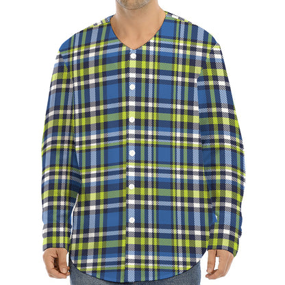 Blue Green And White Plaid Pattern Print Long Sleeve Baseball Jersey