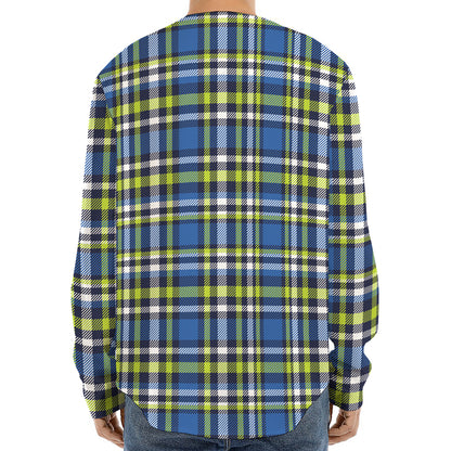 Blue Green And White Plaid Pattern Print Long Sleeve Baseball Jersey
