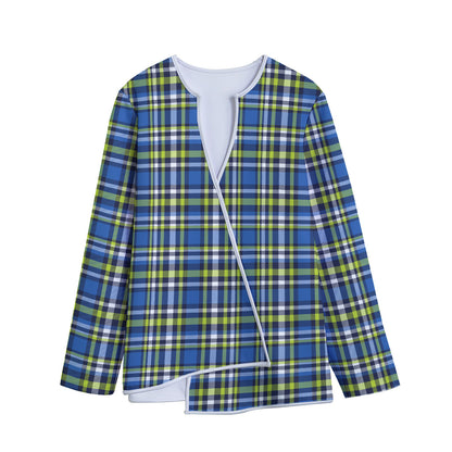 Blue Green And White Plaid Pattern Print Long Sleeve Short Coat