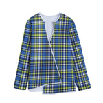 Blue Green And White Plaid Pattern Print Long Sleeve Short Coat