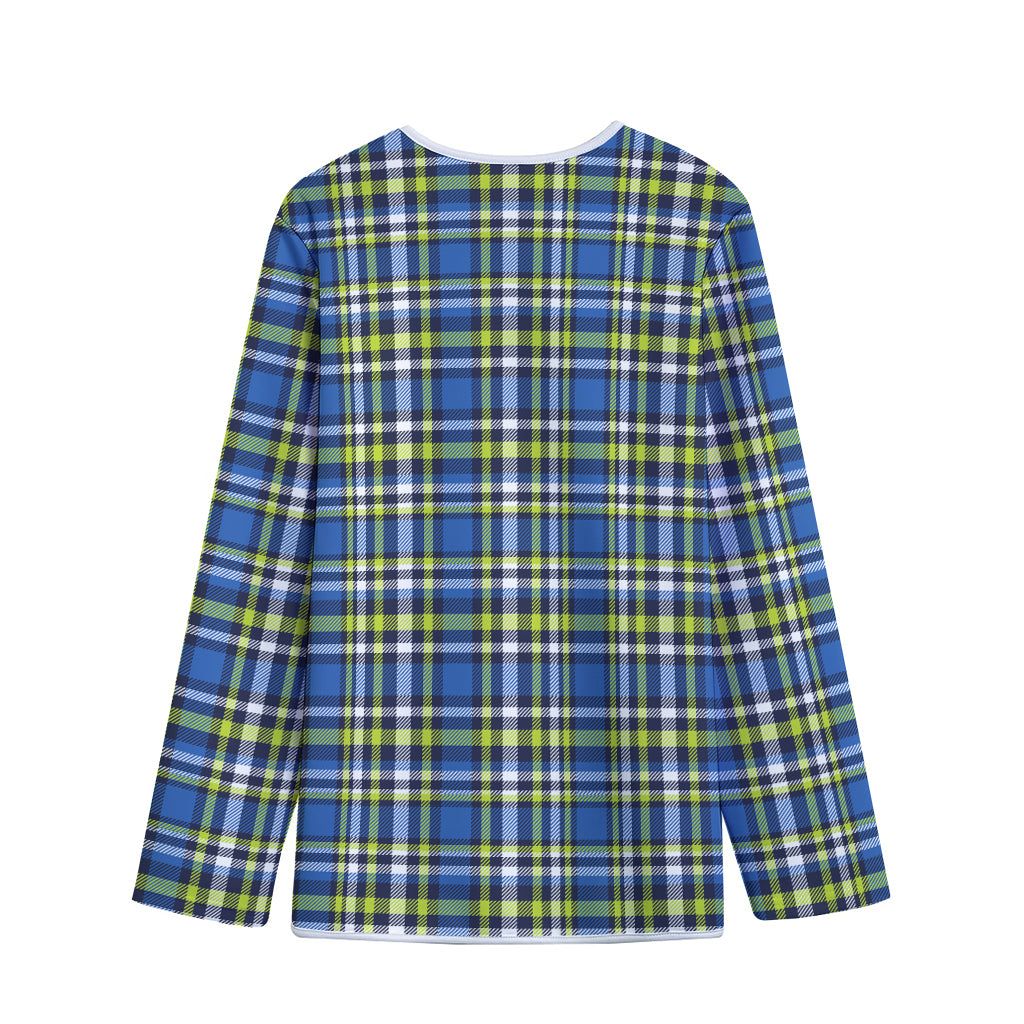 Blue Green And White Plaid Pattern Print Long Sleeve Short Coat