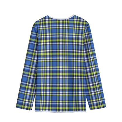 Blue Green And White Plaid Pattern Print Long Sleeve Short Coat
