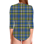 Blue Green And White Plaid Pattern Print Long Sleeve Swimsuit