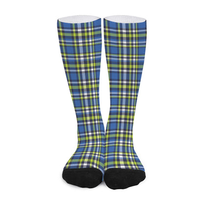 Blue Green And White Plaid Pattern Print Long Socks