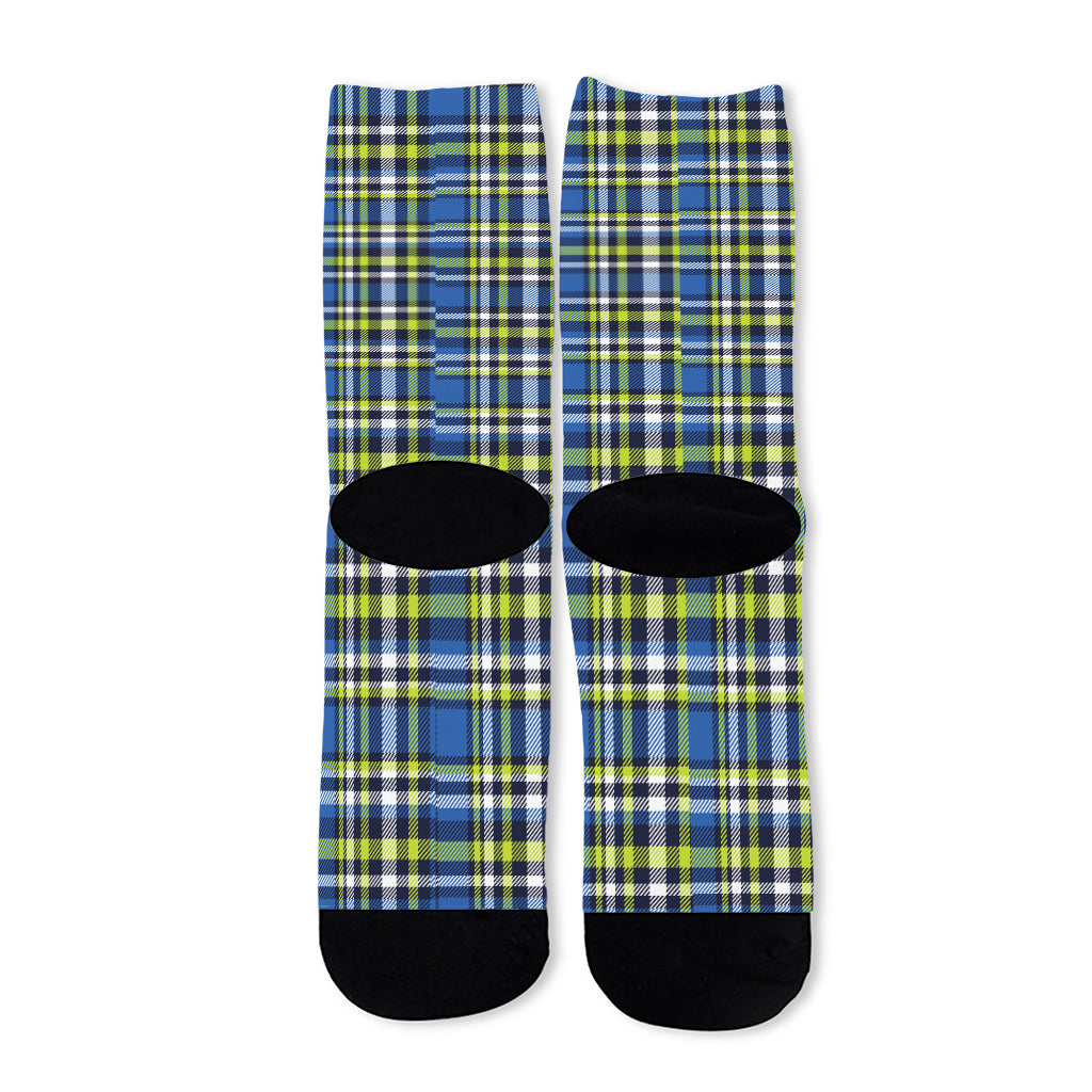 Blue Green And White Plaid Pattern Print Long Socks