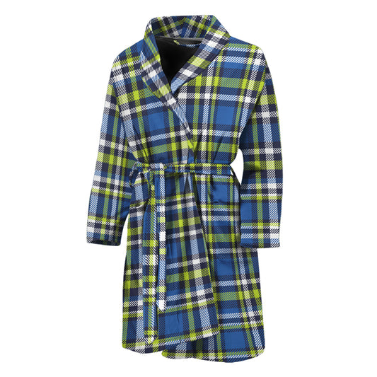 Blue Green And White Plaid Pattern Print Men's Bathrobe