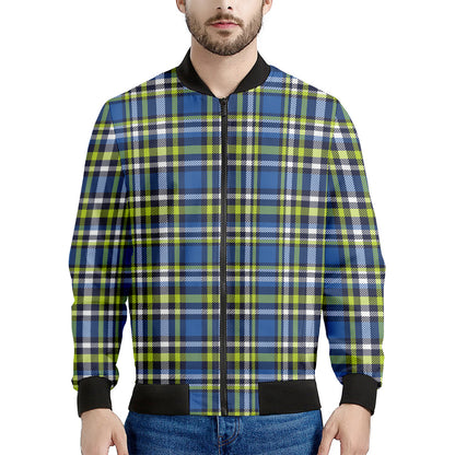 Blue Green And White Plaid Pattern Print Men's Bomber Jacket