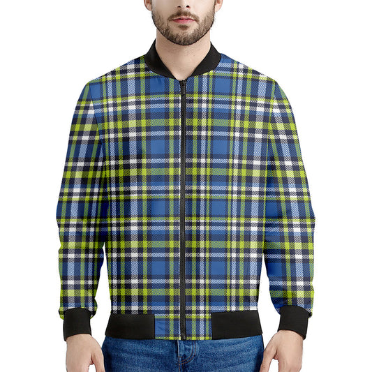 Blue Green And White Plaid Pattern Print Men's Bomber Jacket