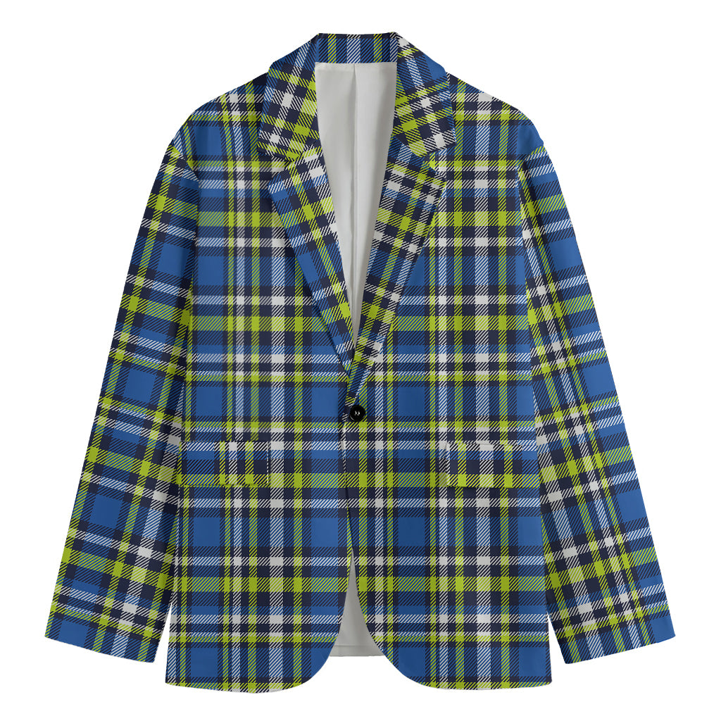Blue Green And White Plaid Pattern Print Men's Cotton Blazer