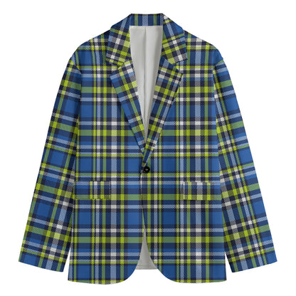 Blue Green And White Plaid Pattern Print Men's Cotton Blazer