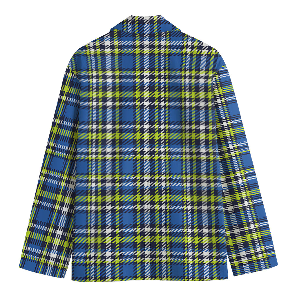 Blue Green And White Plaid Pattern Print Men's Cotton Blazer