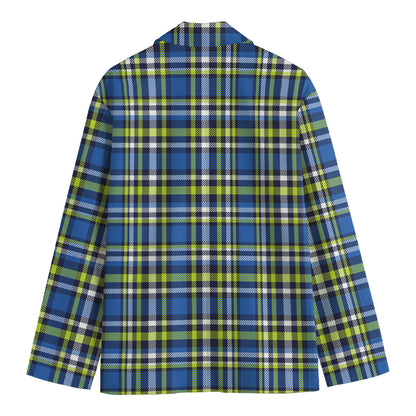 Blue Green And White Plaid Pattern Print Men's Cotton Blazer