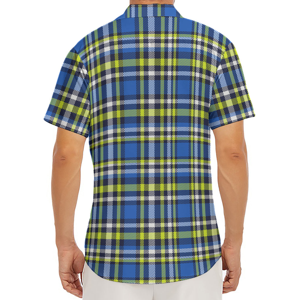 Blue Green And White Plaid Pattern Print Men's Deep V-Neck Shirt
