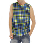 Blue Green And White Plaid Pattern Print Men's Fitness Tank Top