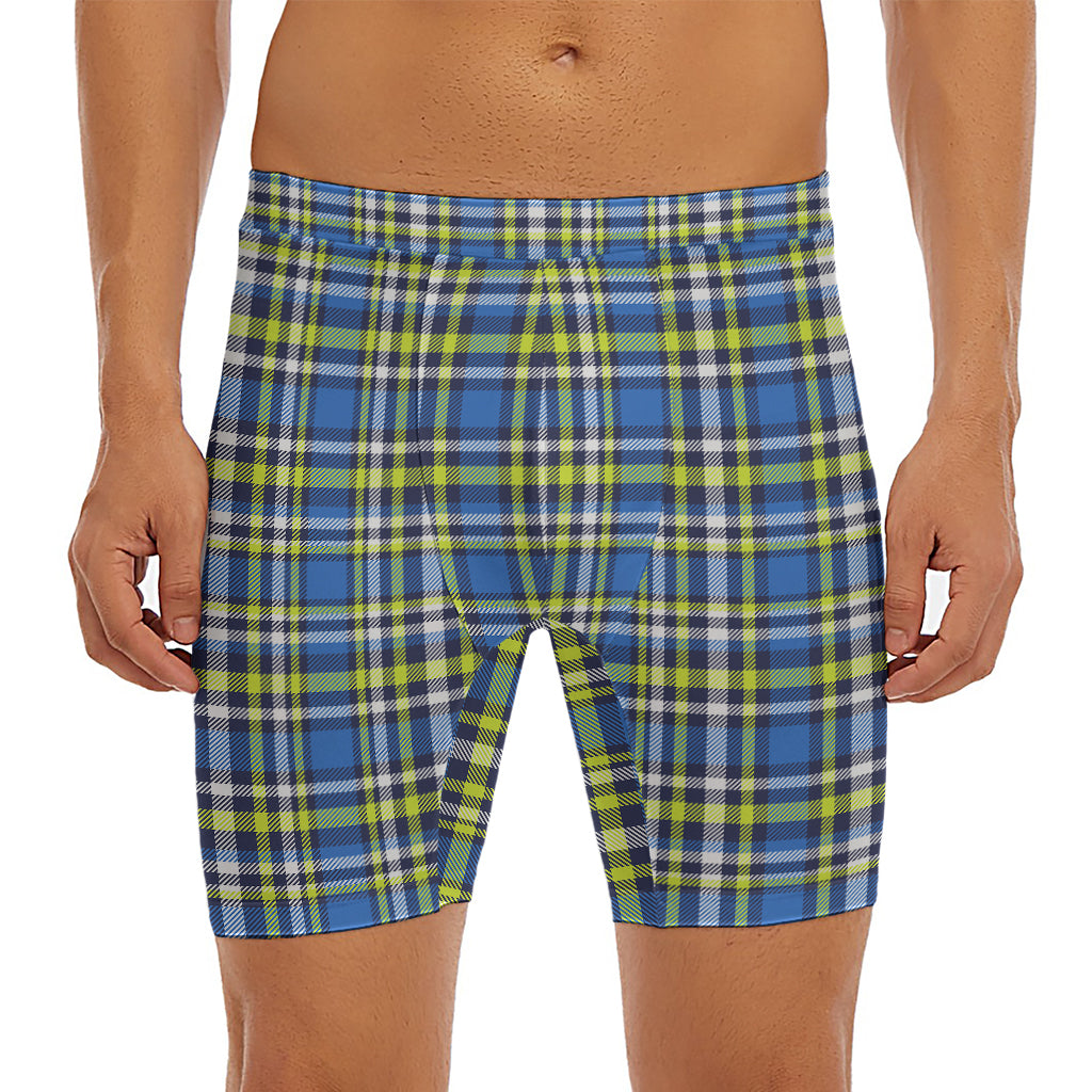 Blue Green And White Plaid Pattern Print Men's Long Boxer Briefs
